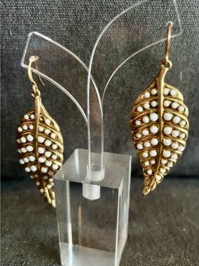 Gold Leaf Dangle Earrings with White Accents